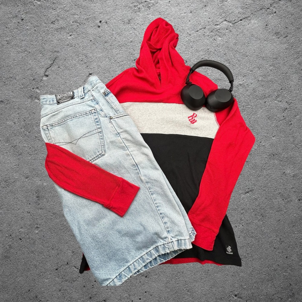 Mens Rocawear‎ Thermal Hoodie Colorblock Red Grey Black Y2K Streetwear Size L